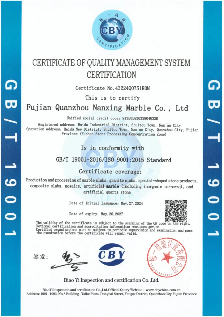 ISO 9001:2015 Quality Management System Certification, guaranteeing consistent high-quality standards in the production of marble, granite, and artificial stone products.