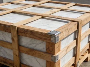 Worker inspecting finished marble countertop for defects and quality