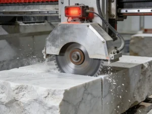 Infrared bridge saw cutting raw marble block into slabs for countertops