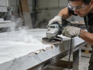 Worker using edge grinding machine to shape marble countertop edge