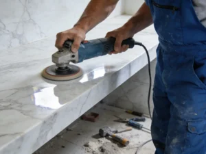 Worker polishing marble countertop to achieve mirror finish