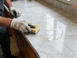 Worker applying penetrating sealant to marble countertop for stain resistance