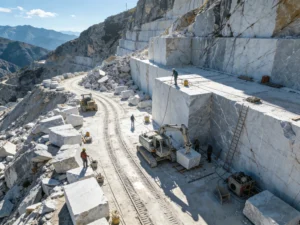 Workers extracting raw marble blocks in a quarry for marble countertop manufacturing