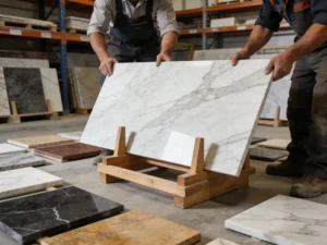 Workers laying out marble slabs for custom countertop selection